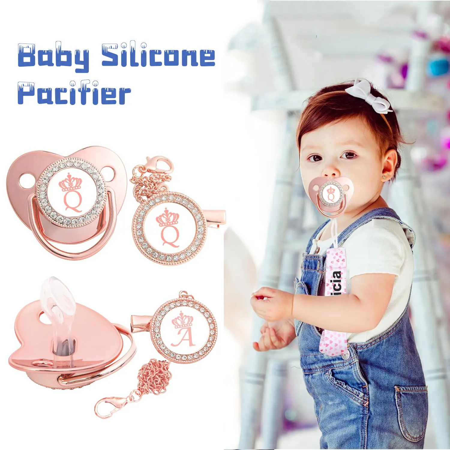 0-3-year-old rose gold crown letter baby soft silicone pacifier, free of bisphenol A, with chain clip dust cover, best gift