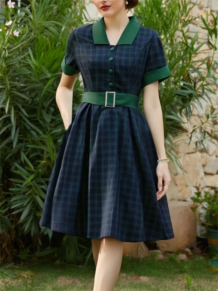 그린 체크 무늬 프린트 50년대 60년대 빈티지 여성용 빅 스윙 드레스 코튼 싱글 브레스티드 버튼 셔츠 쇼트 프롬 파티 드레스
