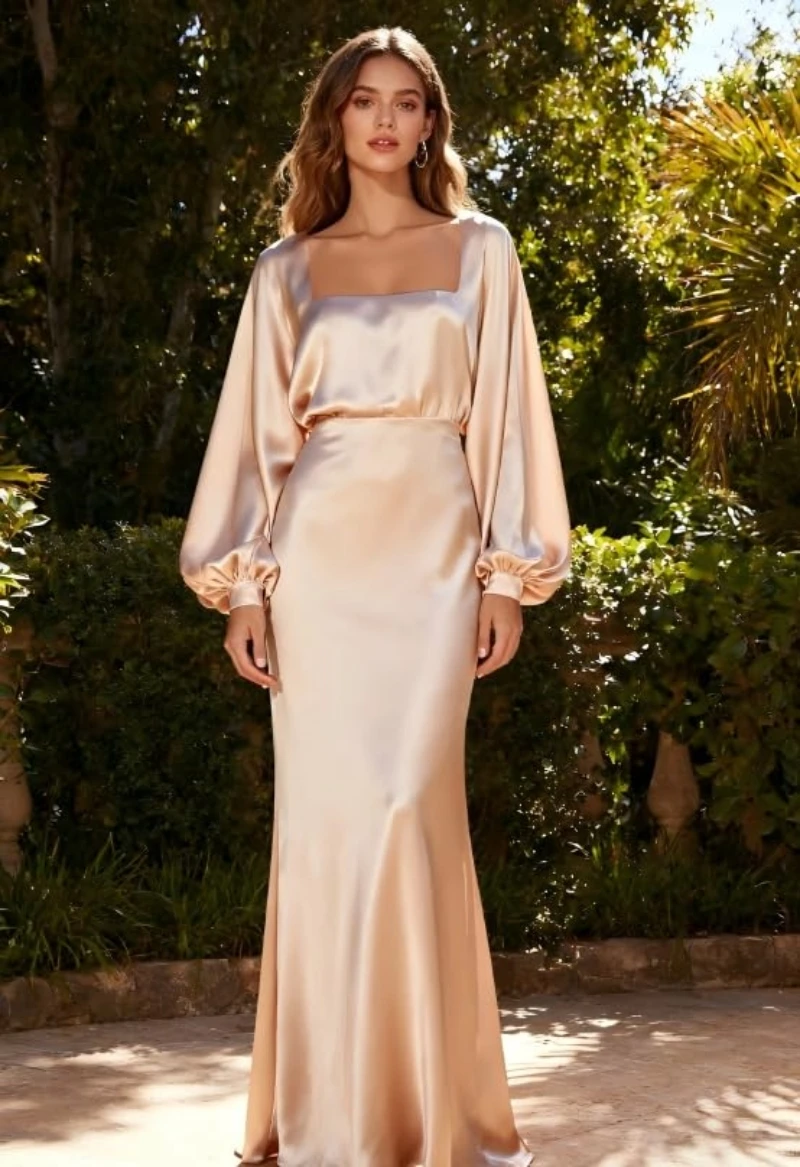 

Square Neck Bridesmaid Dress for Women Long Sleeves Pleated Satin Maxi Mermaid Formal Party Gown