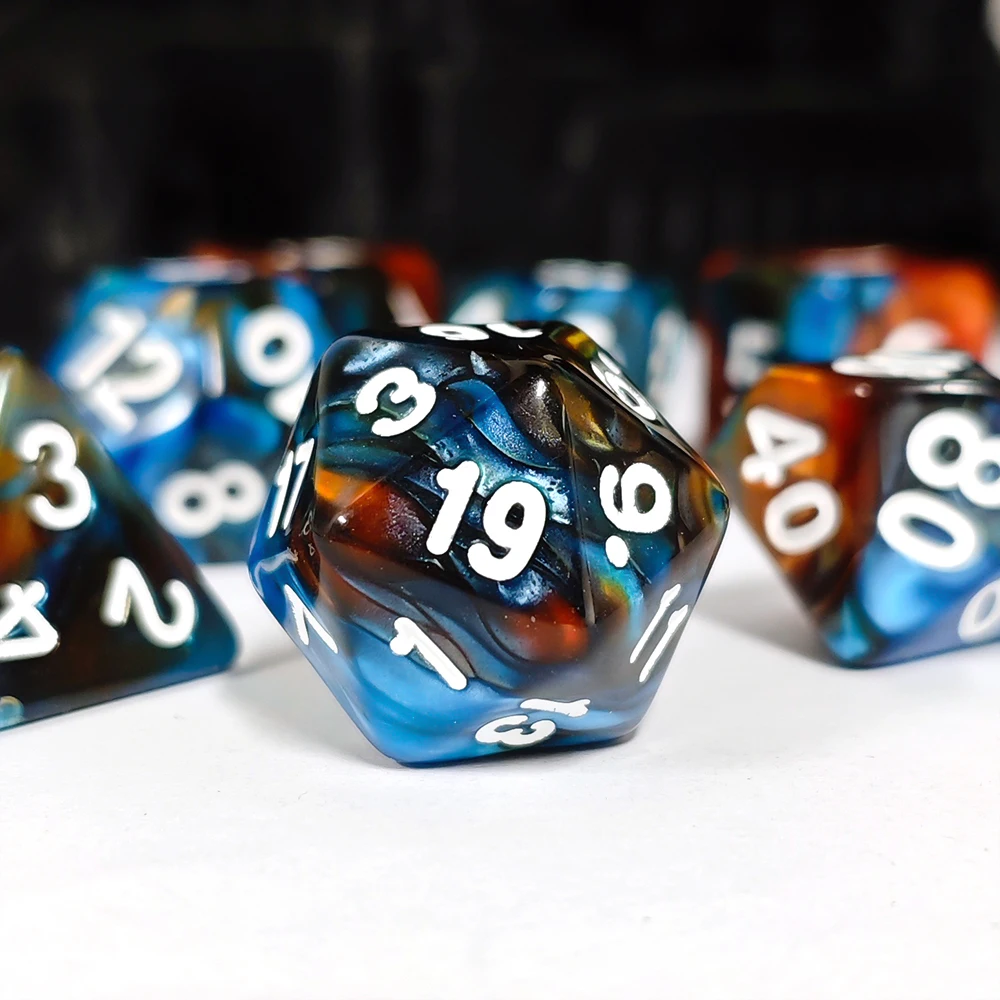 Wholesale DND Custom 7PCS Blue Brown Marbled Polyhedral Dice,Swirl Acrylic Dice with White Ink,for DND TTRPG Dungeons and Dragon