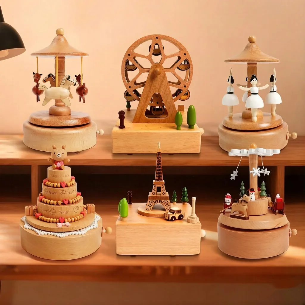 Wooden Carousel Music Box Ornaments Rotatable Hand-Cranked Music Box DIY Handmade Birthday Christmas Gift Home Decoration |