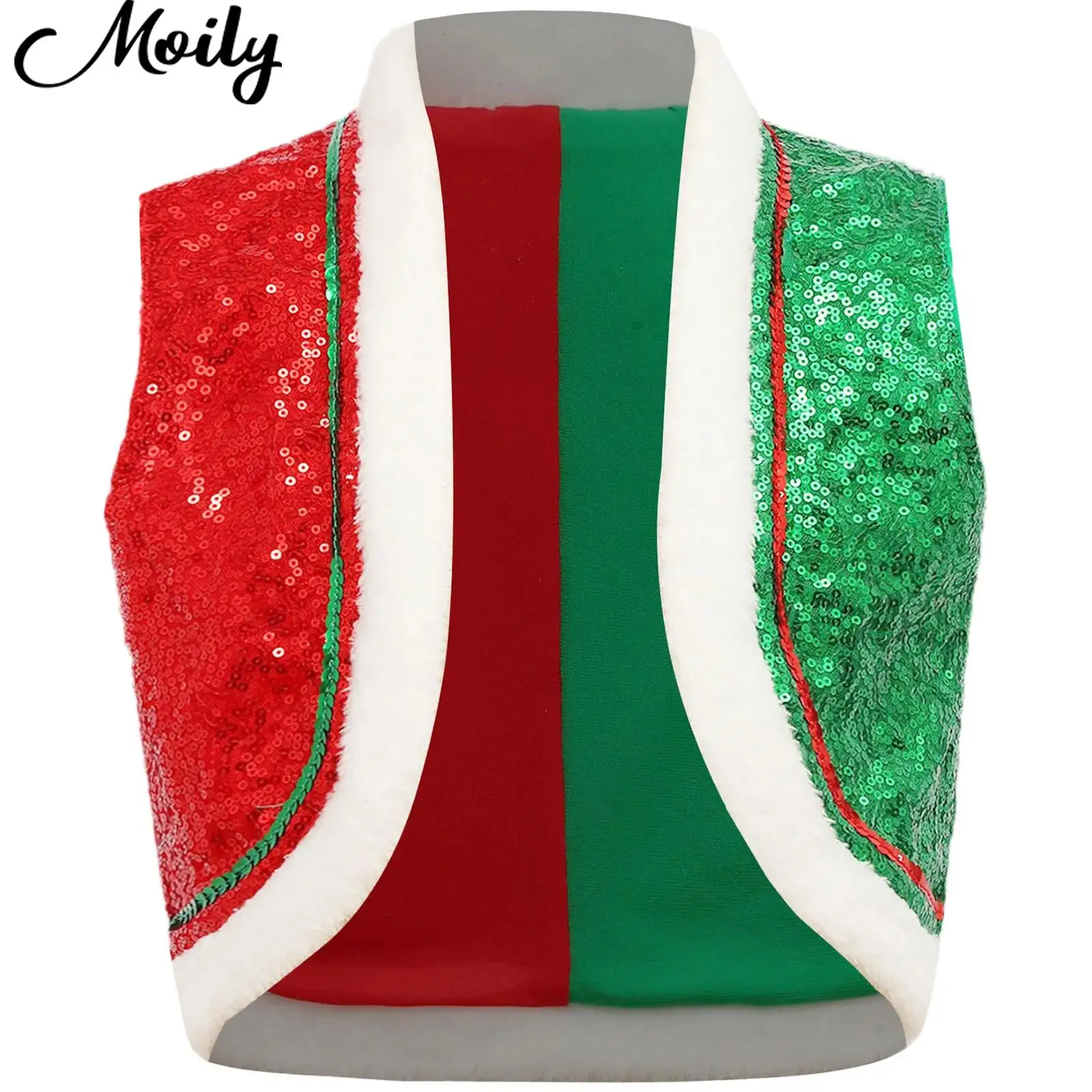 Boys Girls Christmas Shiny Sequin Vest Santa Elf Circus Show Cosplay Costume Sleeveless Faux Fur Hem New Year Xmas Waistcoat