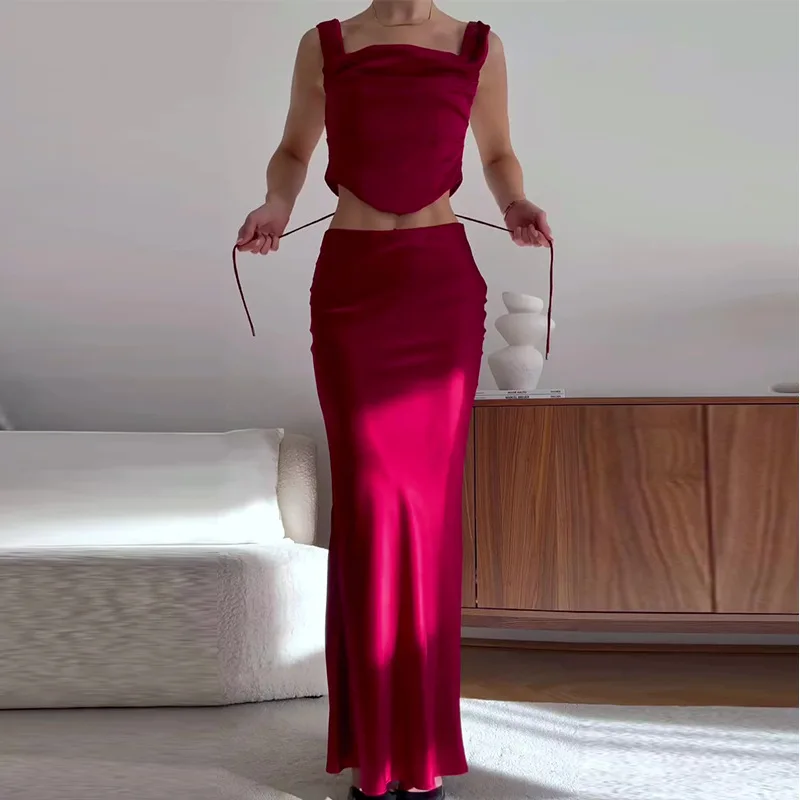 

Women Sexy Skirt Two Piece Sets Backless Top Bandage Sleeveless Tanks Slim Fit Wrap Hip Dresses Solid Elegant Evening Vestidos