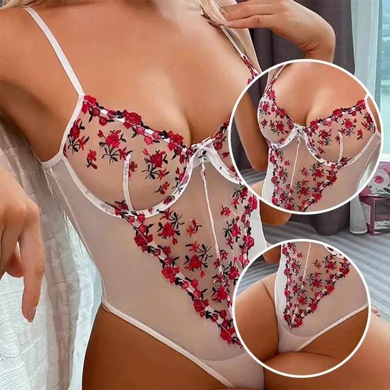 

Women's Deep V-Neck Sexy Embroidered Flower Jumpsuit Summer White Transparent Lace Teddy Fun Jumpsuit