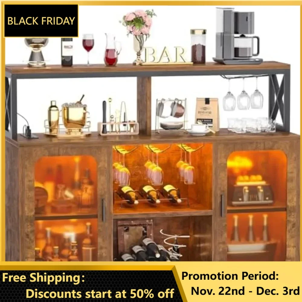 Bar Cabinet, Liquor Cabinet with Led Lights and Glass Holder, Storage Buffet Coffee Bar Cabinet for Liquor, Wine Cabinets