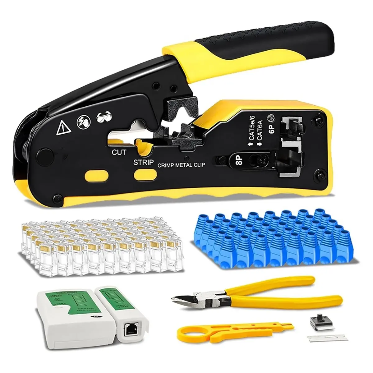 DT38 RJ45 Crimp Tool Through Grade Ethernet Crimper Ratcheting Modular Data Cable Crimper for Cat5 Cat6 Cat6a Network Plugs