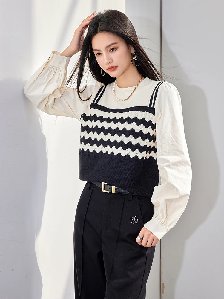 Fake Two-Piece Tops for Women 2024 Autumn New Knitted Vest Spliced Shirt College Style Temperament Long Sleeved Tops