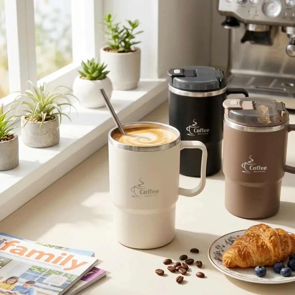 304 Stainless Steel Travel Coffee Mug With Handle Lid Tea Filter Folding Spoon Thermal Tumbler Insulated Cup Water Drinkware