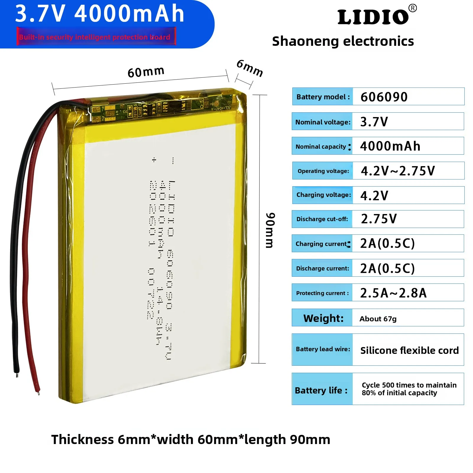 3.7V 606090 4000mAh Polymer Lithium Battery Large Capacity Tablet Computer Mobile Power Bank Supply DIY MP5 Rechargeable Battery