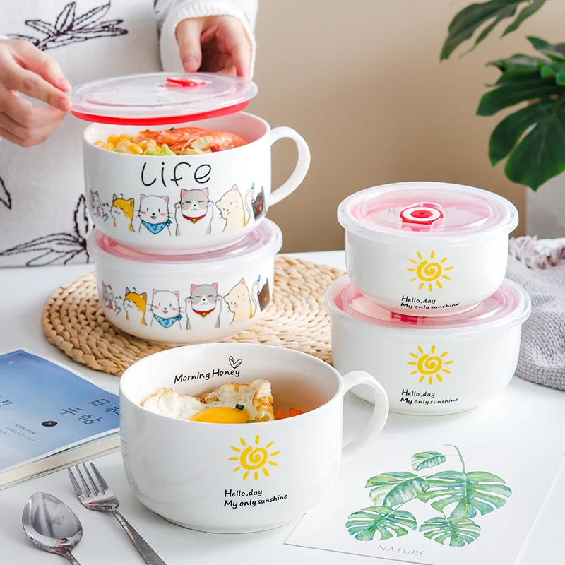 Cartoon Japanese Ceramic Instant Noodle Bowl with Lid, Breakfast Cup, Student Dormitory Large Oat Cup with Handle