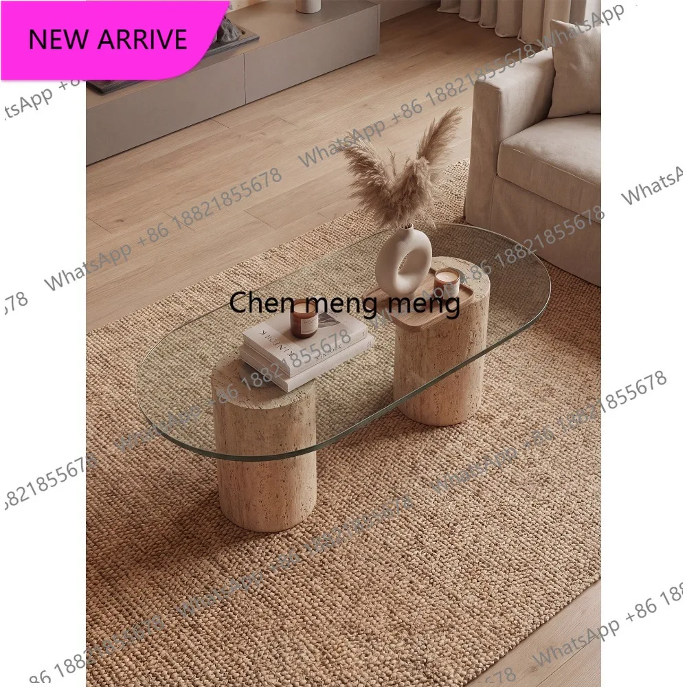CC Medieval wabi sand wind natural travertine tempered glass coffee table living room home light luxury oval
