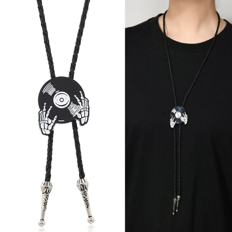 Western Leather Cord Bolo Tie with Enamel Metal Badge Pendant Necktie Necklace