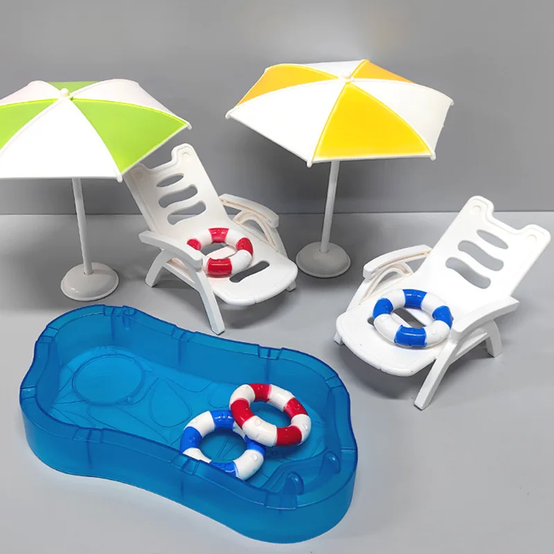 Mini accesorios para casa de muñecas, simulación de piscina/anillo de natación/árbol de coco/silla de playa, decoración de escena, modelo de juguete para jugar a las casitas