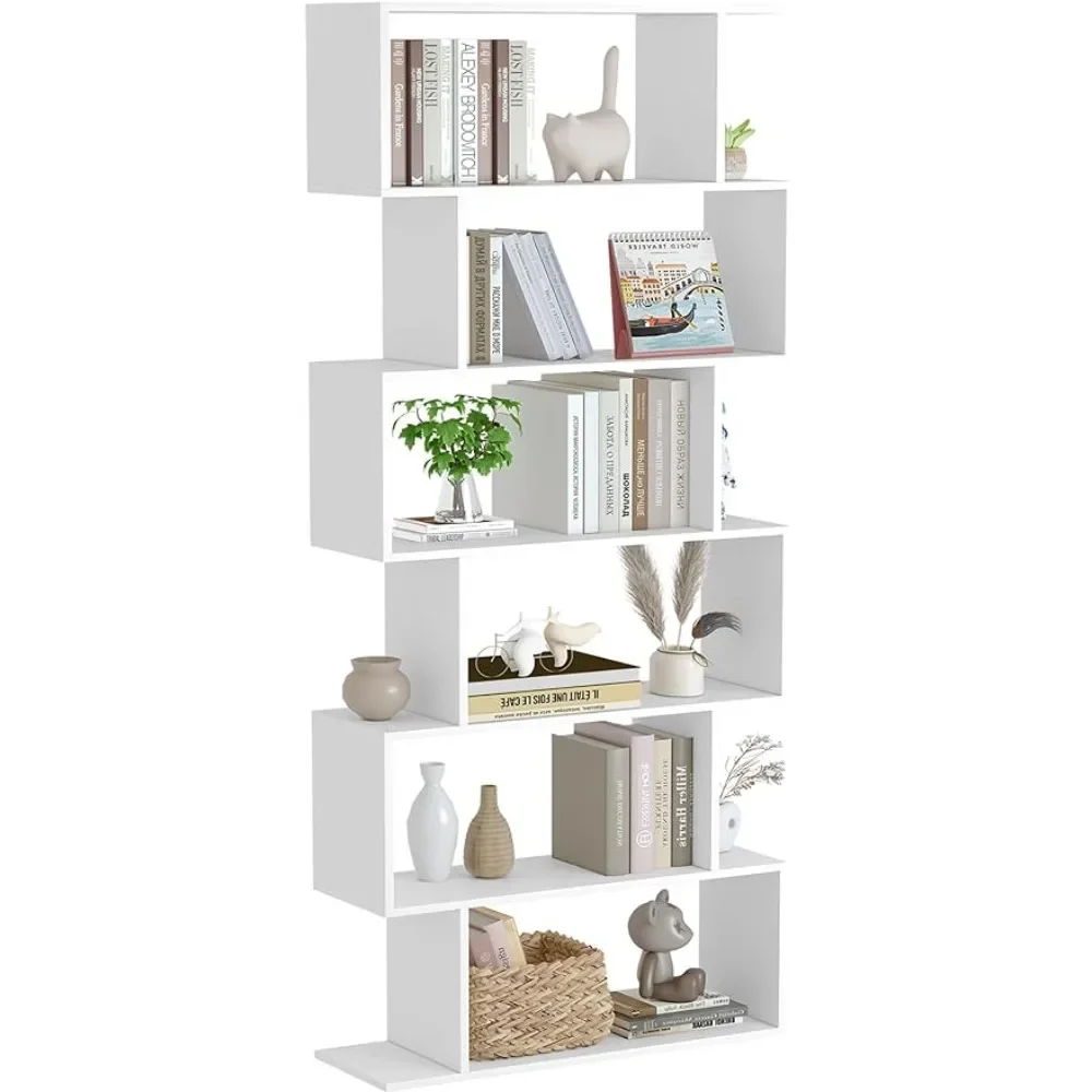 Geometric Bookcase S Shaped Book Shelves for Bedroom, Modern Wood Decorative Display Shelf Tall Book Case for Home Office, White