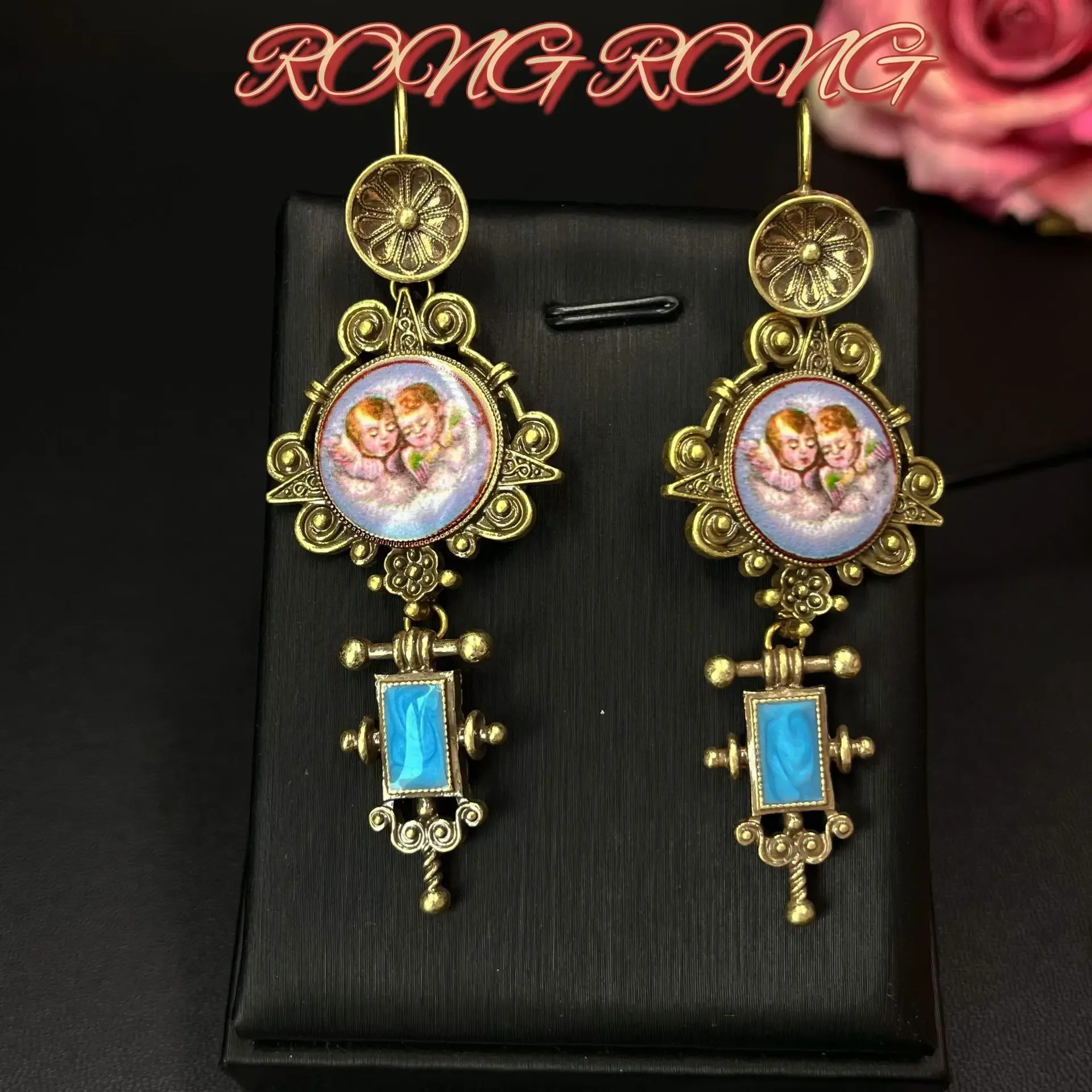 

Retro Vintage Western Antique Palace Retro Angel Earrings Heavy Work Old European Exaggerated Earrings