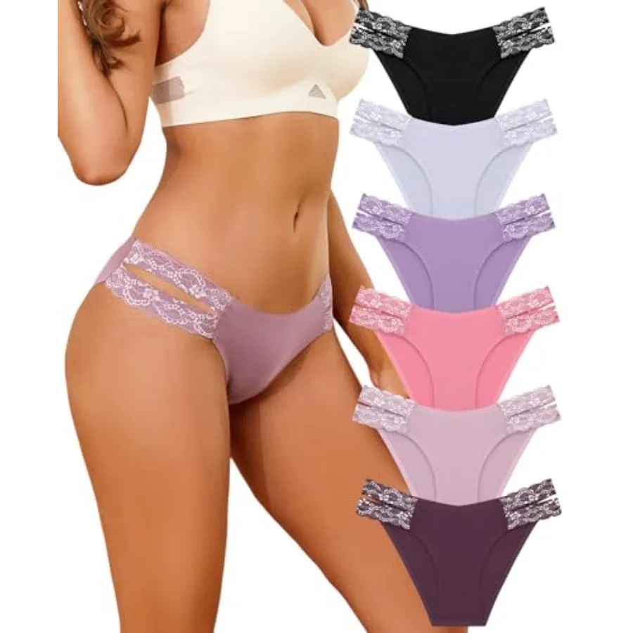 

Seamless Underwear for Women Cheeky Bikini Panties High Cut V-waist Lace Underwear Women Cute Bikinis 6 Pack