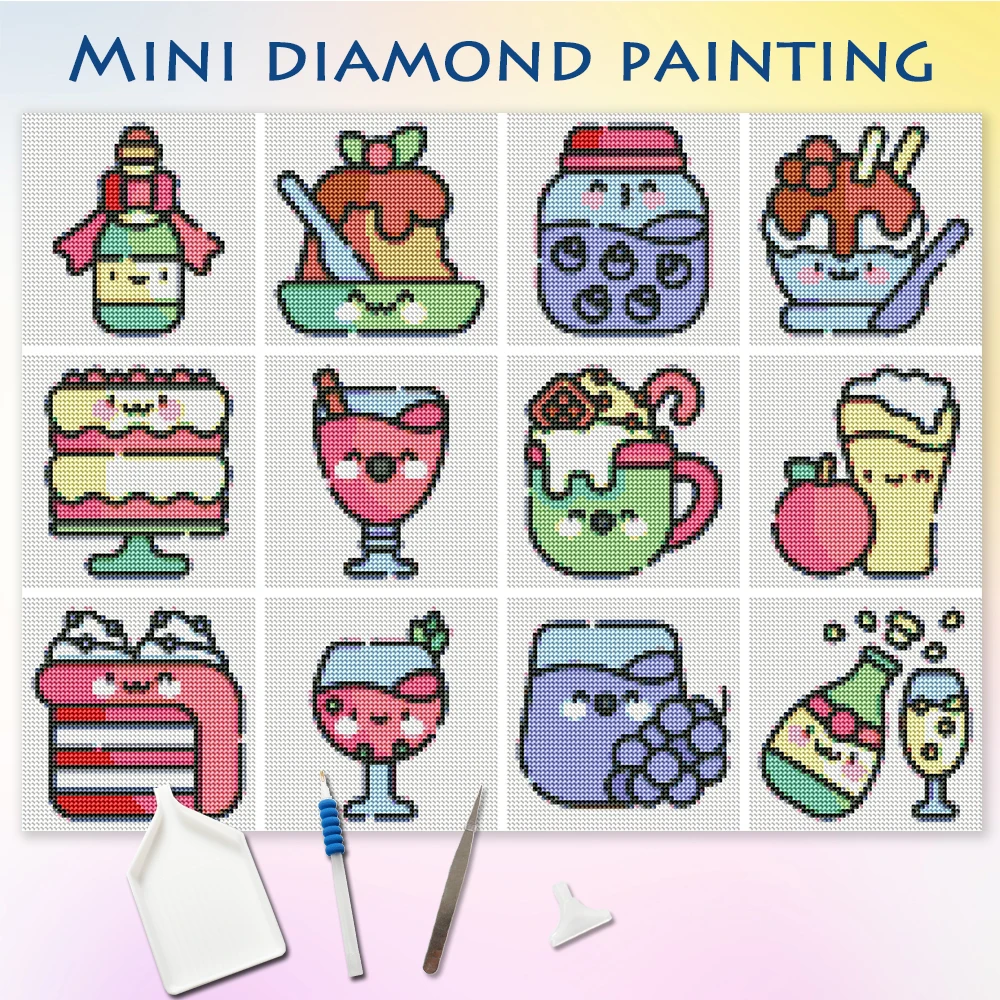 Evershine Mini-Diamantgemälde für Kuchen, Dessert, Essen, Trinken, Bild, Strasssteine, DIY, rund, 12 Stück, Diamant-Mosaik, Heimdekoration