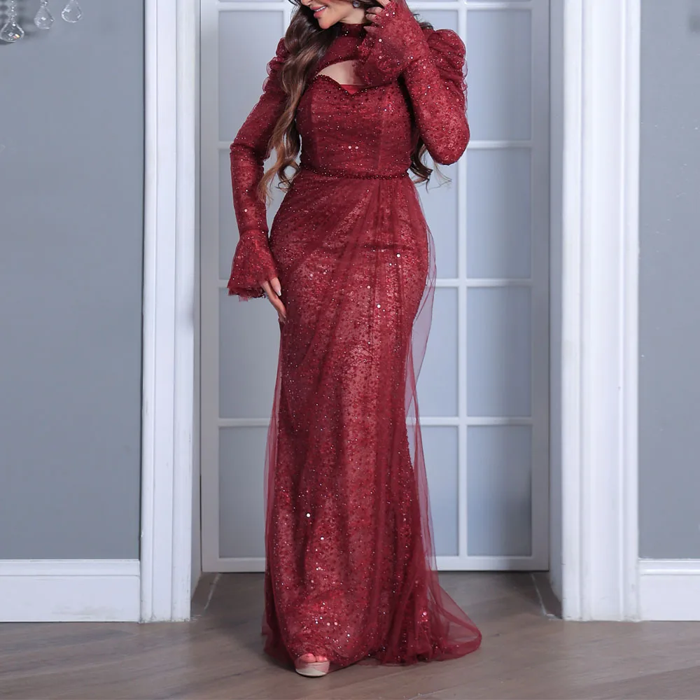 Customized Sparkly Sequin Evening Dress Keyhole Neckline Flare Sleeve Wedding Guest Party Gown Lace Mermaid vestidos de noche