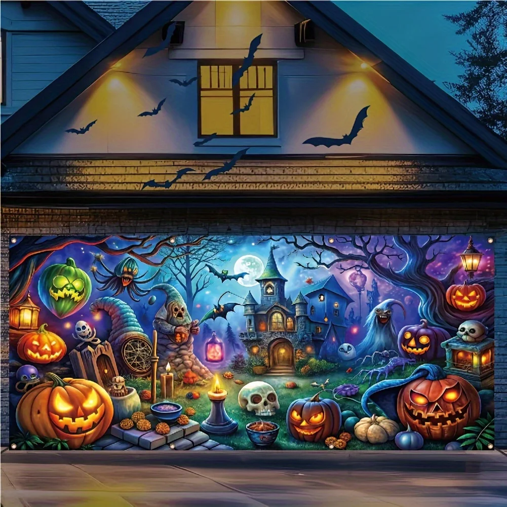 1 piece, Halloween party garage banner, Jack O. lantern with a full moon monster skeleton in the fantasy forest at the party