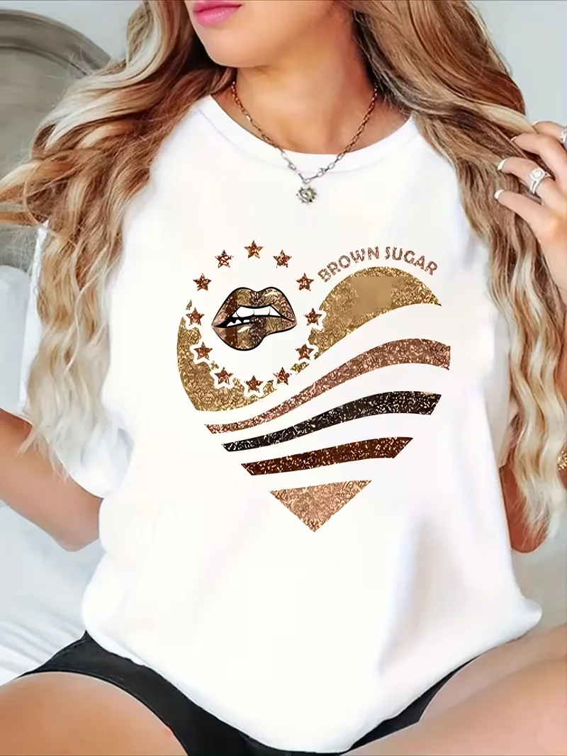 

Lady - Brown Sugar Lip Star Wave Pattern Crew Neck T - shirt