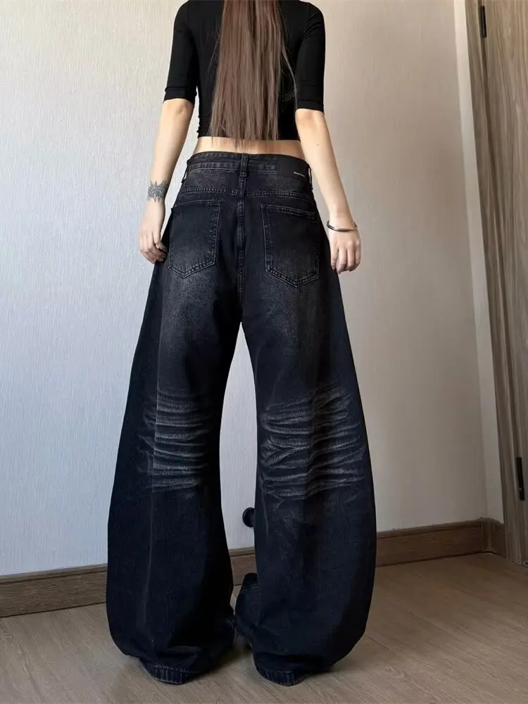 Koreańskie jeansy vintage z wysokim stanem, damskie, wyszczuplające, o kroju łezki, luźne, proste, z rozszerzanymi nogawkami, czarne, szare, szerokie spodnie dżinsowe, nowe.