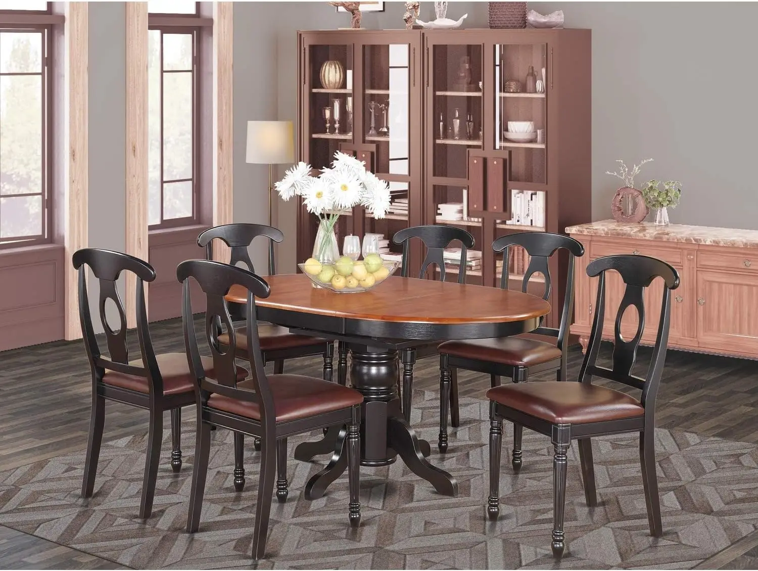 7 Piece Modern Dining Table Set Consist of an Oval Wooden Table with Butterfly Leaf and 6 Faux Leather Upholstered Dining Chairs