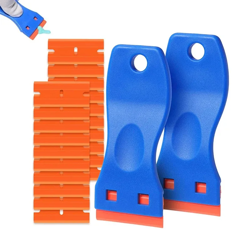 2 Stück Kunststoff-Rasierklingen-Schaber-Werkzeug mit 20 Stück Klingen-Set, Küchenherd, Bodenreinigungsschaber, Fensterglas-Etiketten-Entferner