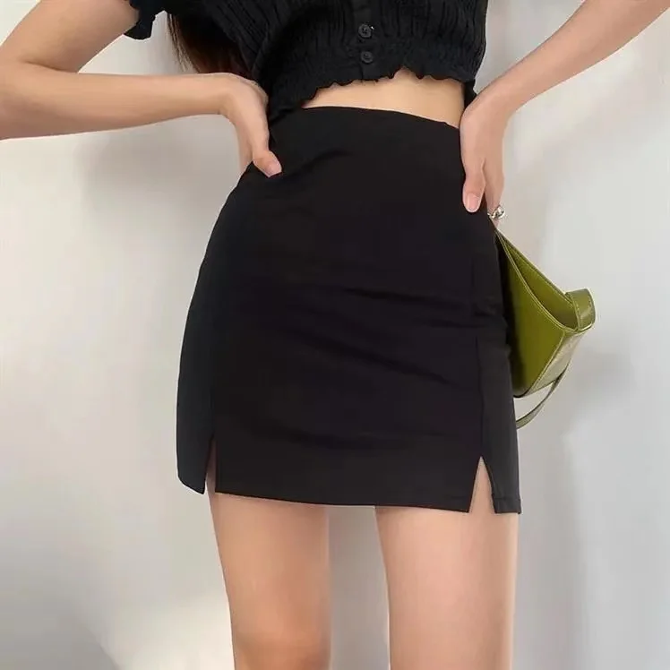 Mini jupe noire fendue pour femme, tenue de bureau, taille haute, élégante, Slim, tendance, Simple, pour étudiante