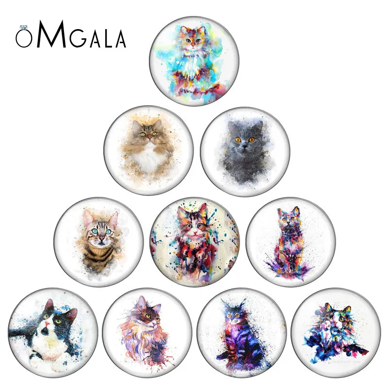 Watercolor Ink Cat Animals Paintings 10pcs 12mm/18mm/20mm/25mm Round photo glass cabochon demo flat back Making findings