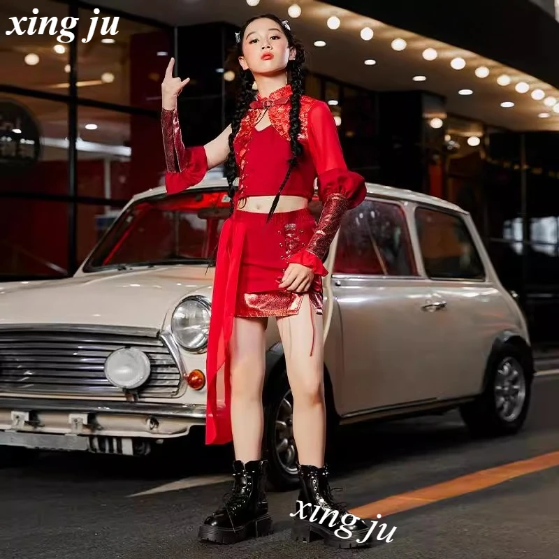 Mädchen Jazz Dance Anzug Mode Leistung Kleidung Kpop Dance Gruppe Hip Hop Outfits Sommer Rot Tops Röcke Street Dance Kostüme