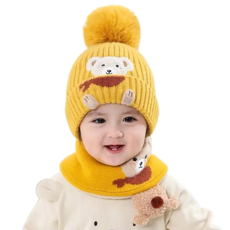 Doitbest Baby Kids Beanie Sets Cute Cartoon Bear 2 pcs 2022 Boys Girls Winter Villus Hat Scarf Set Age for 1 to 4 Years old Kid