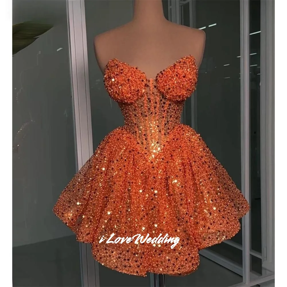 Orange Shiny Cocktail Dress Sweetheart Crystal Homecoming Dresses Sleeveless Mini Skirt Pleated Birthday Party Dresses Customize
