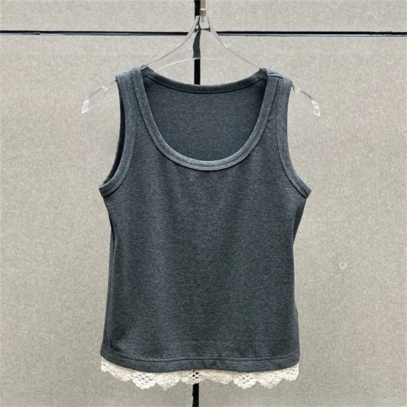 Women's vest New lace patchwork sleeveless top for winter 2025 Cotton blend round neck T-shirt Elastic ribbed knitted corset y2k