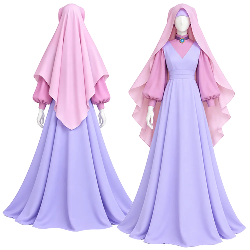 Women Maid Cosplay Marian Costume Robin Outfit Hood Purple Pink Maxi Dress Headscarf Veil  Gown Halloween Carnival Dress Disguis