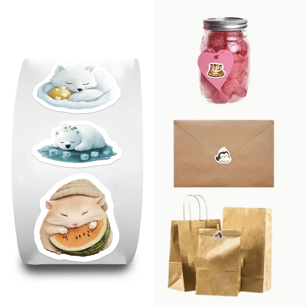 500 قطعة/لفة لطيف الكرتون الدافئة النوم الحيوان لفة ملصقات متعة الثعلب البطريق النمر القط الأسود DIY بها بنفسك المغلف دعوة جلد البقر #2