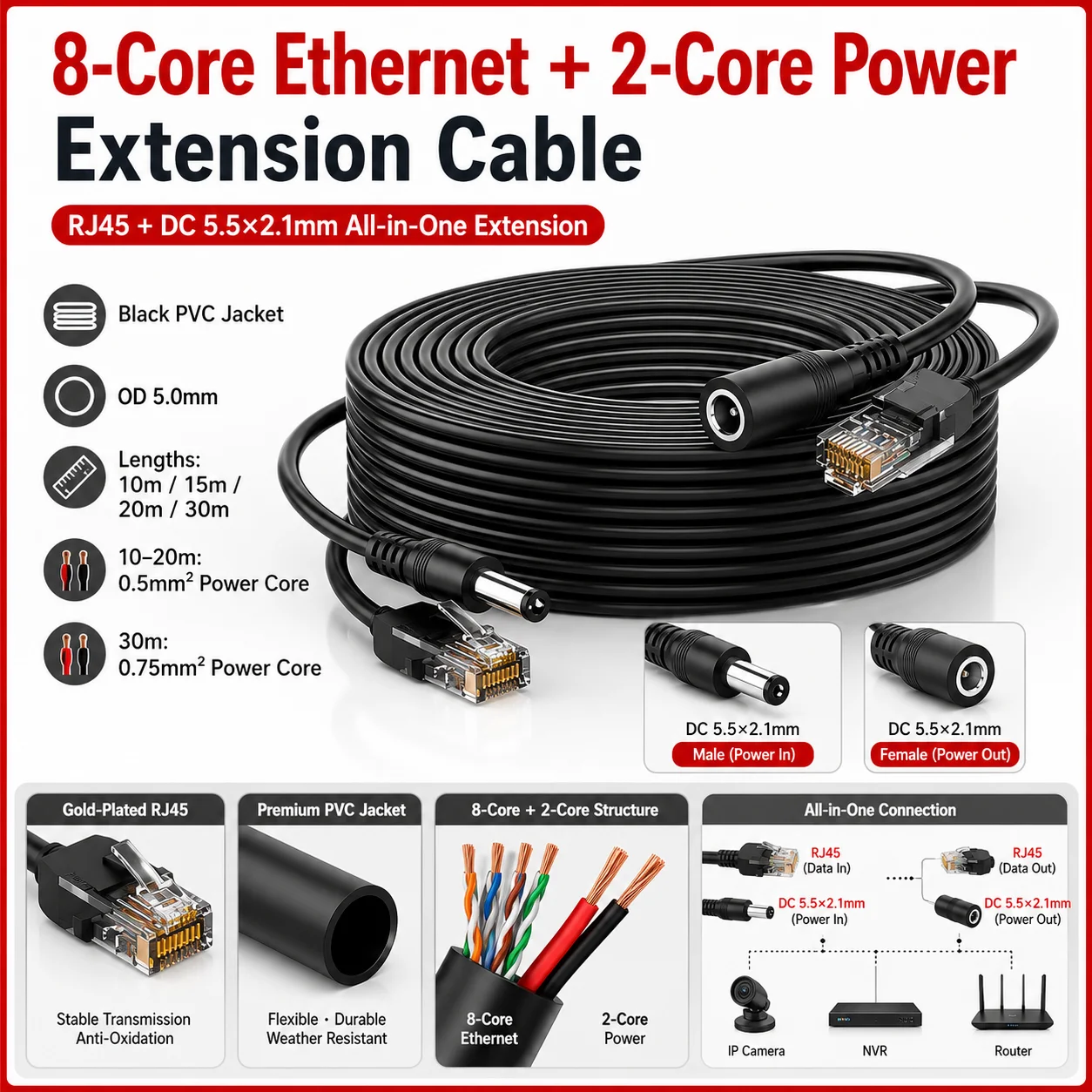 Surveillance Installation Wiring Accessory RJ45 DC 5.5x2.1mm Dual Signal 8+2 Core Extension Cable Optional 10M 15M 20M Length