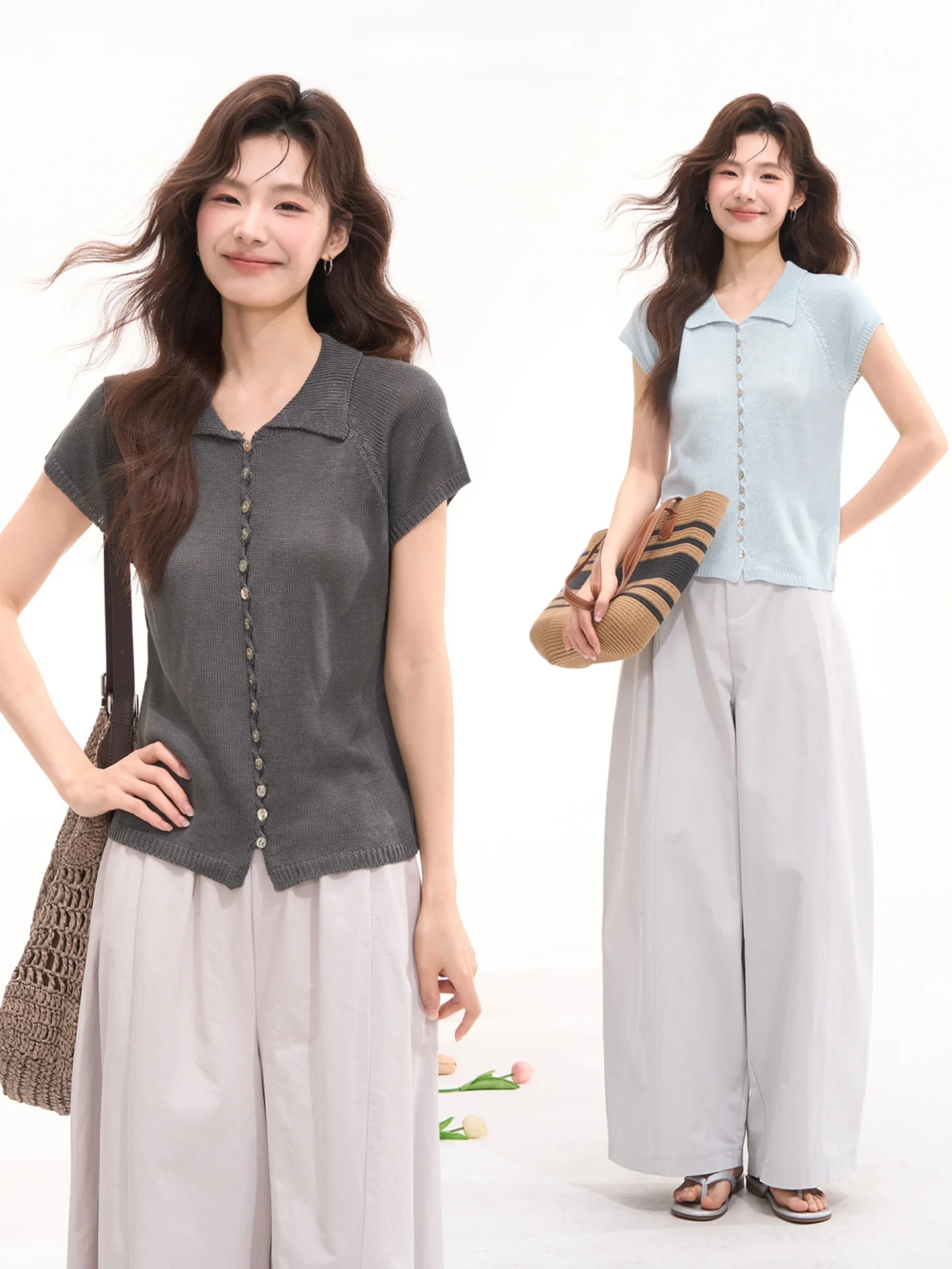 

Heme Knitted Button Short Sleeve Turn-down Collar Slimming Top Women's Summer Casual Style Fashionable Knitwear