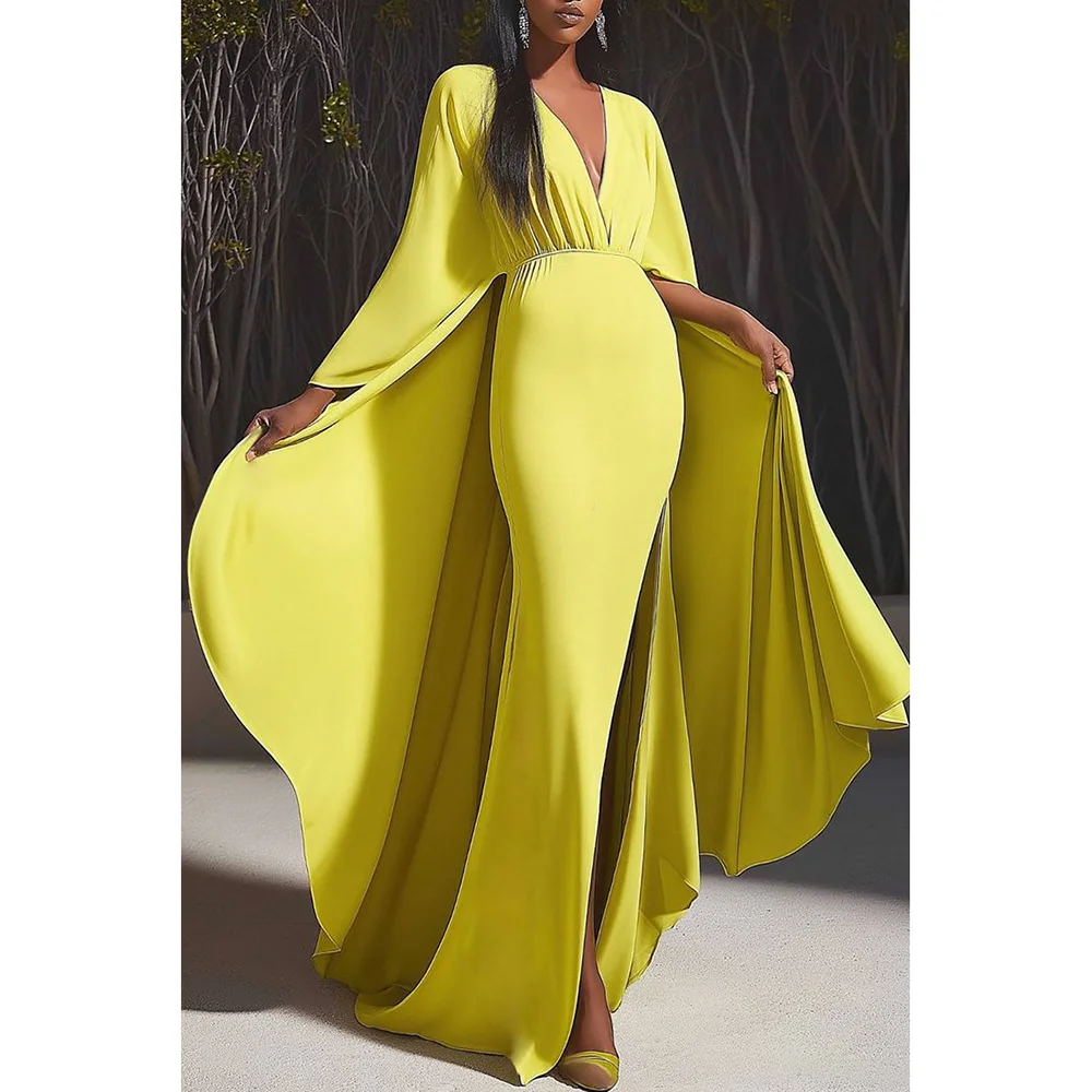 

Yellow V Neck Floor Length Stylish Women Evening Gowns With Cape Mermaid Side Split Prom Elegant Dress