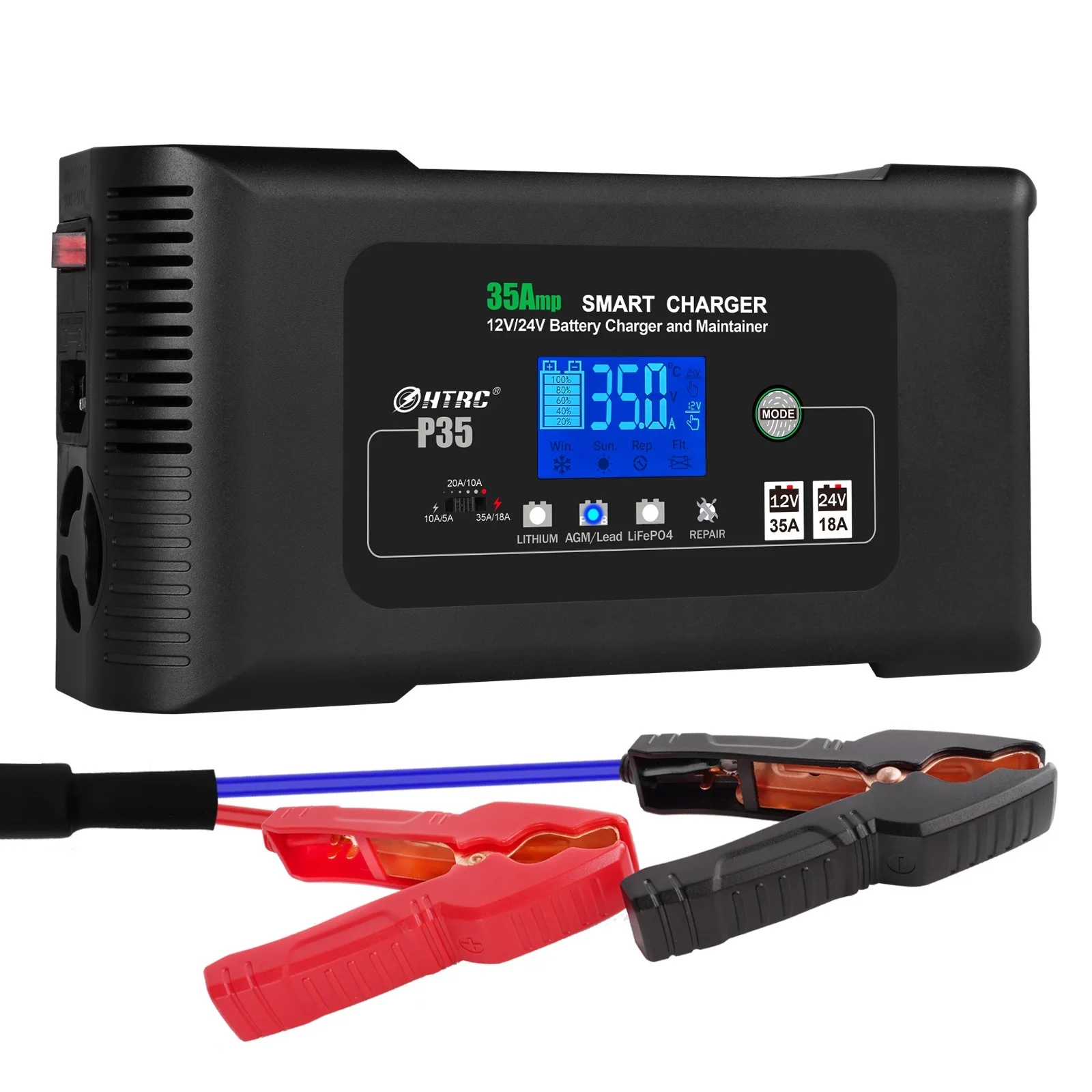 To Large Power 35A 12V 24V Car Battery Charger for Auto Moto Truck Motorcycle AGM Lead Acid PB GEL LCD Display Smart Charging