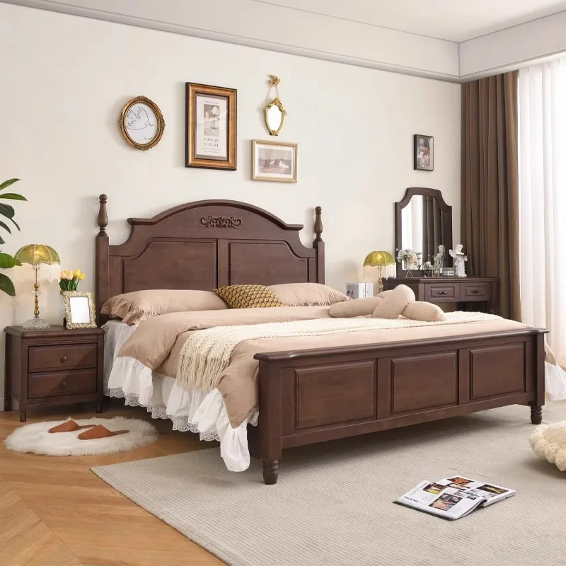American rural solid wood double bed modern simple master bedroom wedding bed light luxury high box storage rubber wood