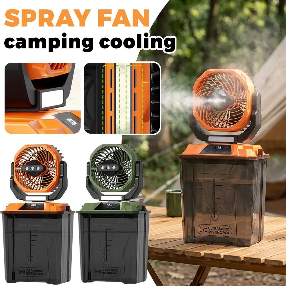 

New Outdoor Misting Fan Camping Cooling Portable Fan With Tent Light Rechargeable Oscillating 10000mAh 3 Speed 3 Mist IPX4 Fan