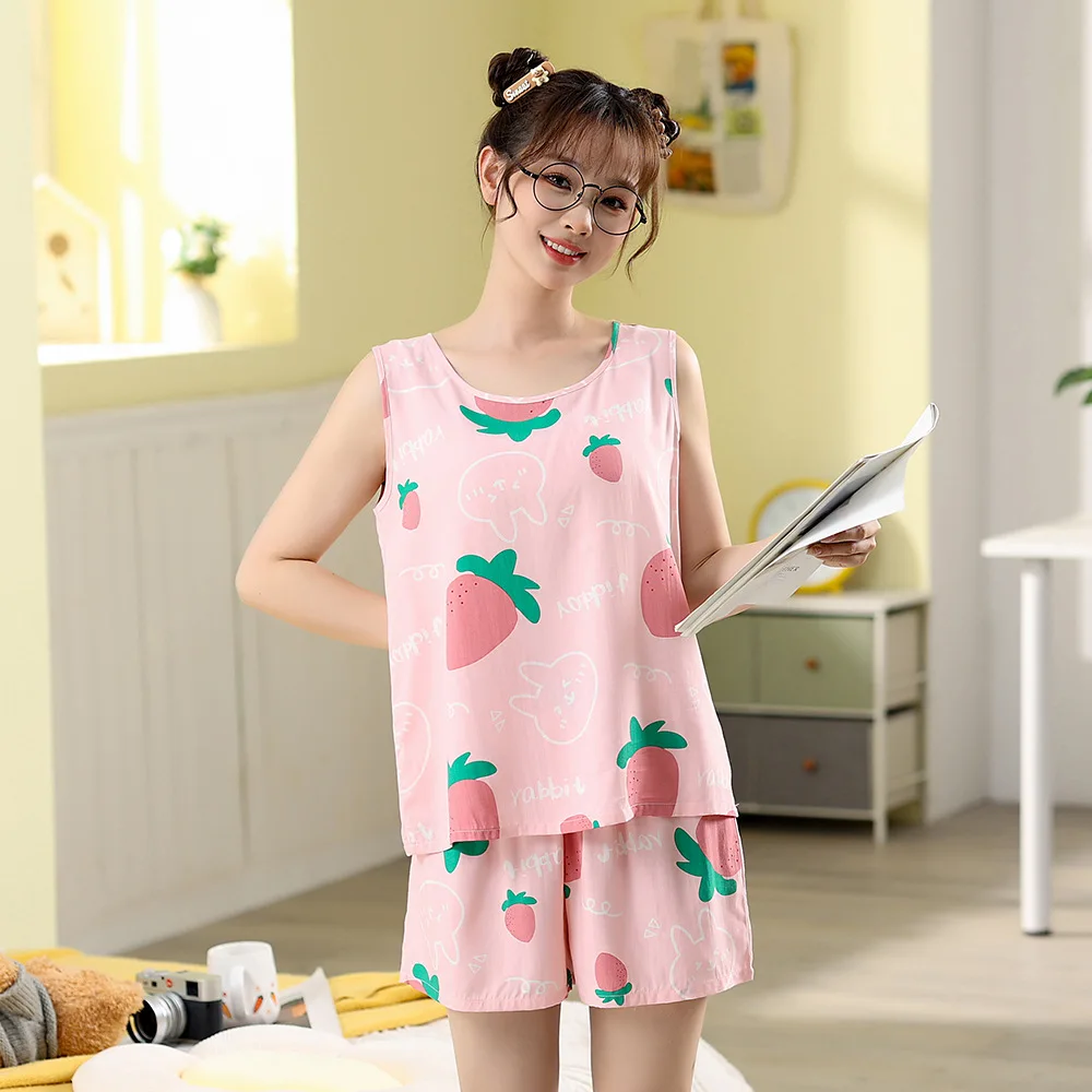 New 100% Soft Viscose Sleeveless Shorts Ladies Pajamas Set Cute Print Pajamas Pullover Casual Short Pajamas Women Sleepwear