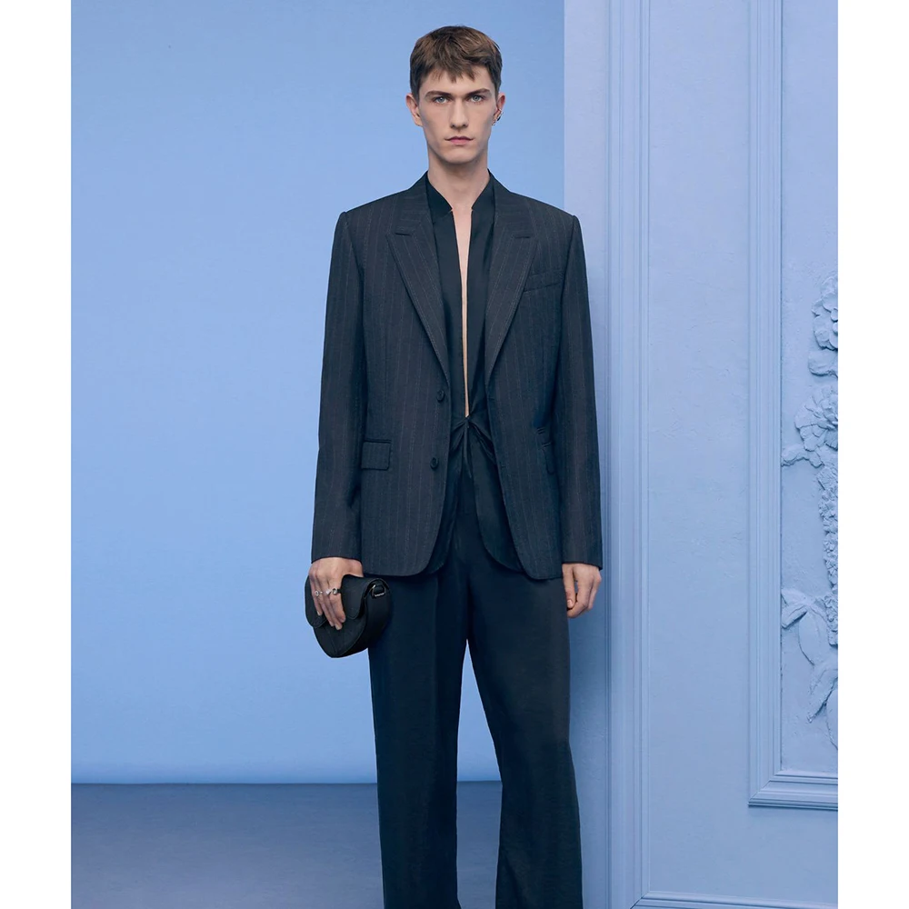 

Модный темно-серый мужской однобортный костюм в полоску, комплект из 2 предметов, свободный крой с лацканами, офисный повседневный мужской костюм (куртка + брюки)