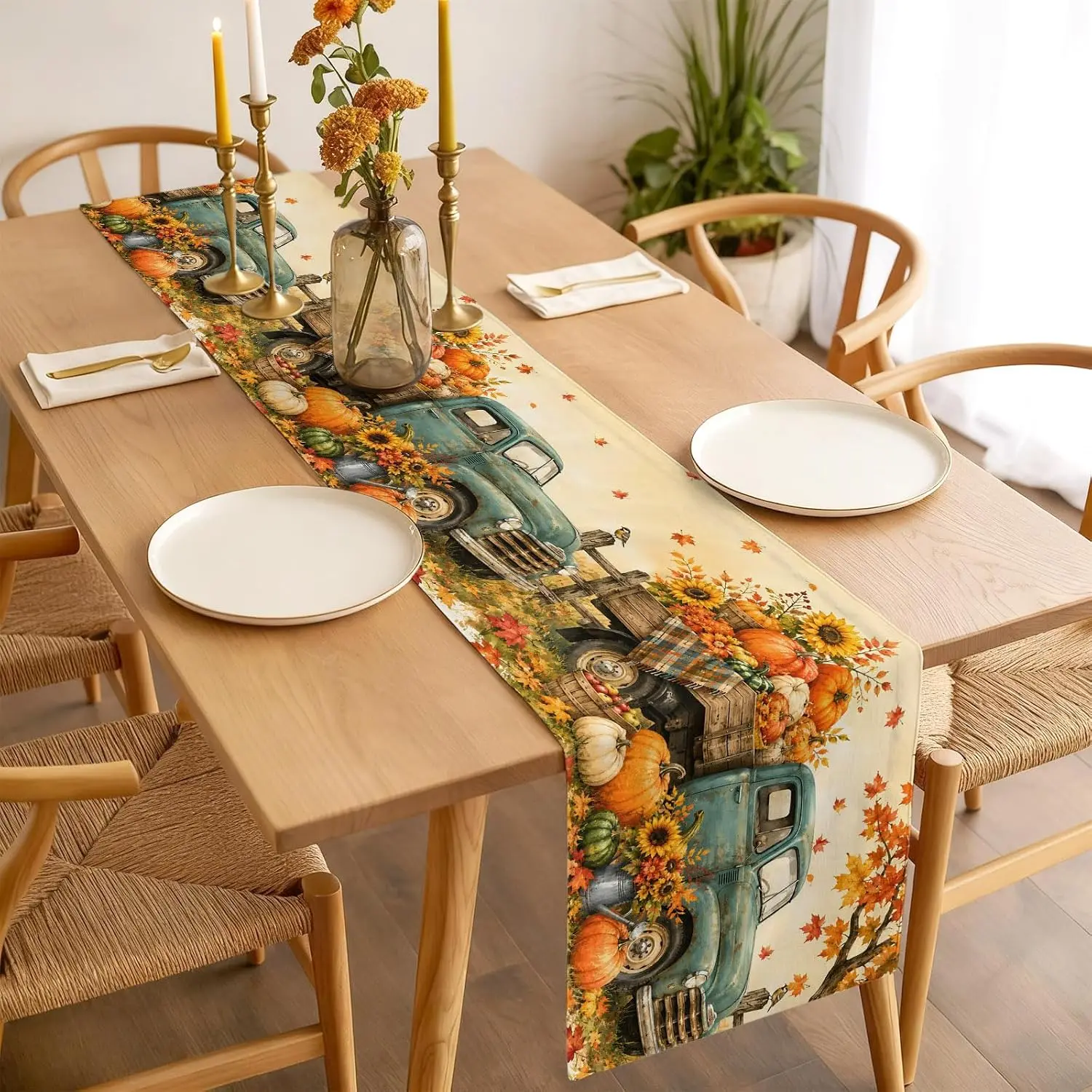 Fall Thanksgiving Linen Table Runner Home Decor Farmhouse Pumpkins Truck Maple Leaves Kitchen Dining Table Runners Autumn Decor