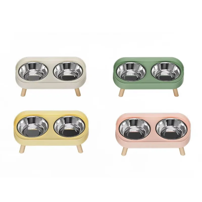

Eco-Friendly Double Dog Bowl Stainless Steel Anti-Tumble Cat Basin with Protective Cervical Spine Anti-Splash Cat Water Bowl