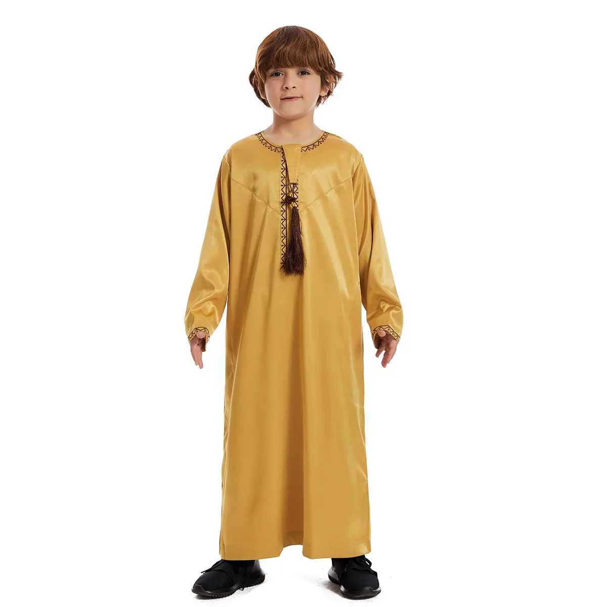 Arabo Musulmano Bambini Ragazzo Jubba Thobe Abaya Abito lungo in raso Caftano per bambini Abbigliamento islamico Abiti lunghi Abito Dubai Arabo Ramadan