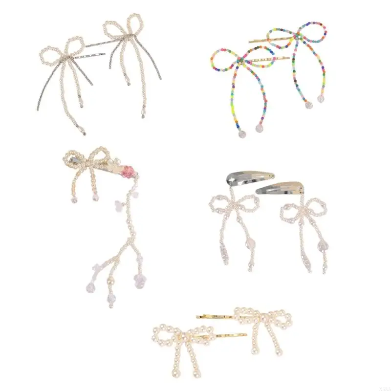 

N5KA Imitation Pearls Bead Bow Hairpin Barrette Fashion Hair Clip Accessory for Women