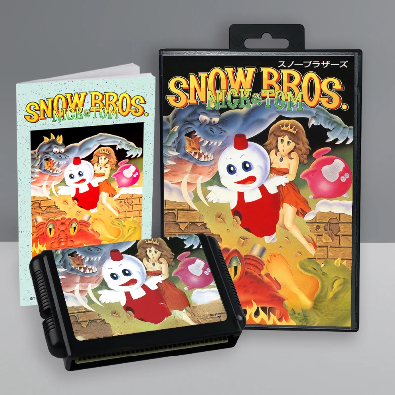 Snow Bros kartu permainan 16 Bit dengan kotak Manual untuk Cartridge konsol Video Game Sega Megadrive
