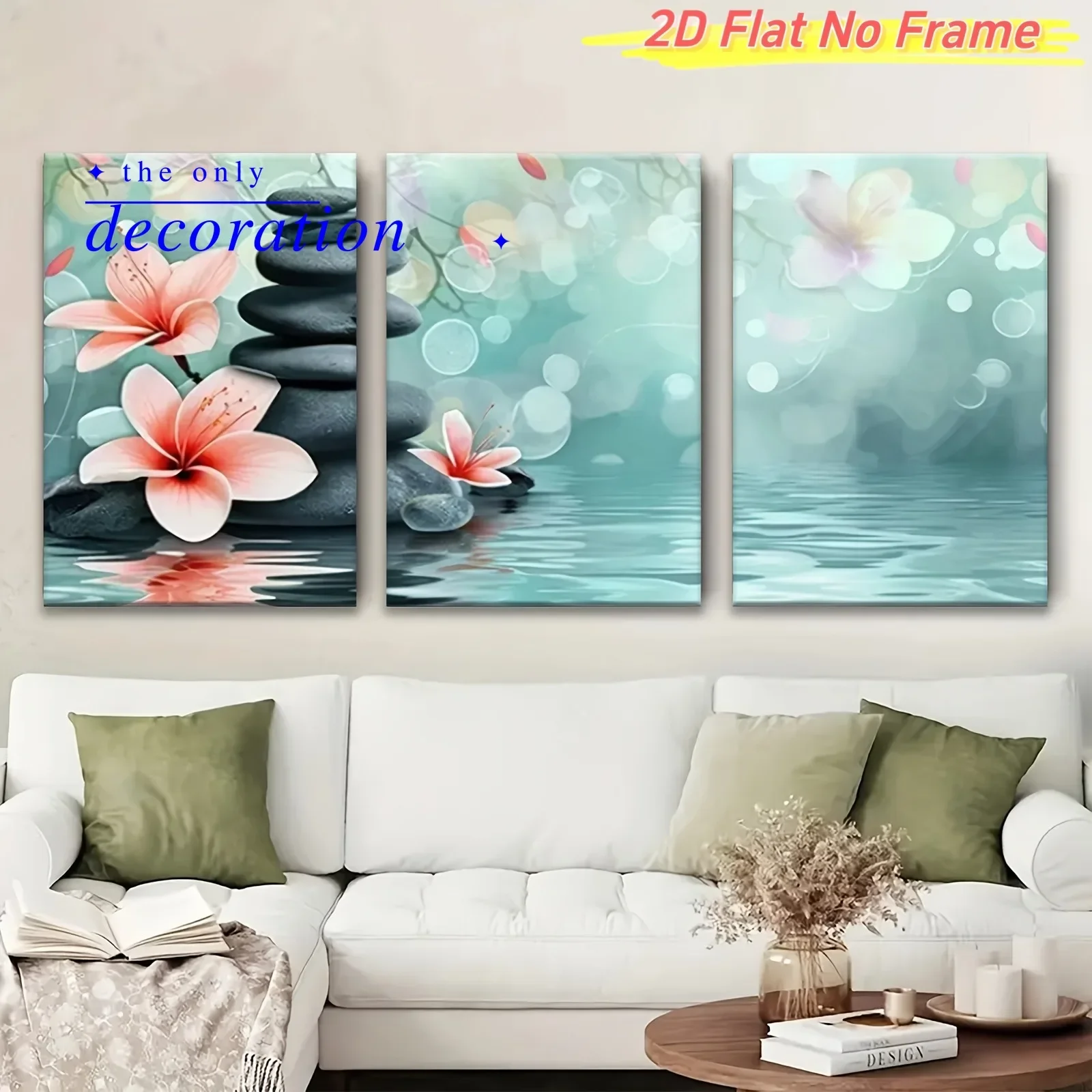 2D Flat, 3pcs Frameless Mint Green Zen Floral Canvas Wall Art - Modern Minimalist Suitable for Indoor Decor, Abstract Botanic