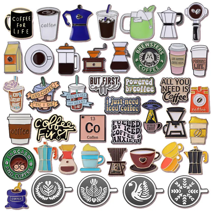 coffee slogon series Enamel Pin Funny Brooch Cartoons Badge for Bags Jeans Hoodies Denim Lapel Pin Jewelry Kids Best Gift